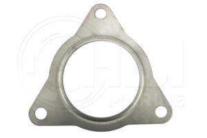 A metal exhaust pipe gasket with three holes.