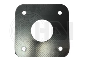 A black metal plate with four holes on it.