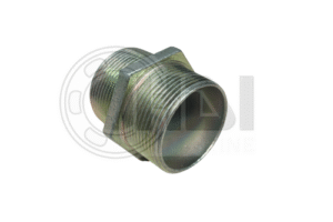 Metal threaded pipe connector, close-up view.