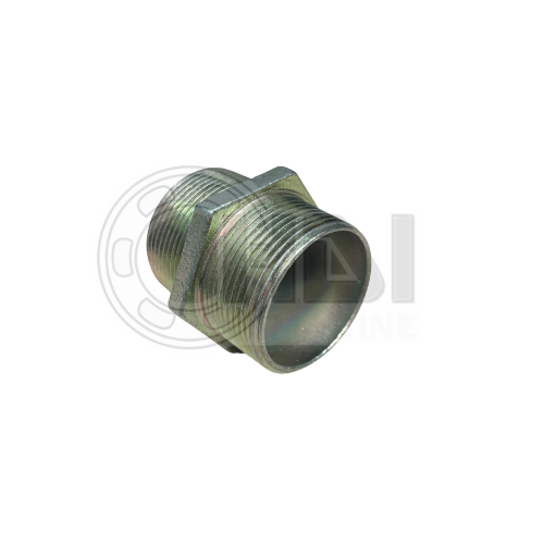 Metal threaded pipe connector, close-up view.
