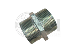 Metal threaded pipe fitting on white background.