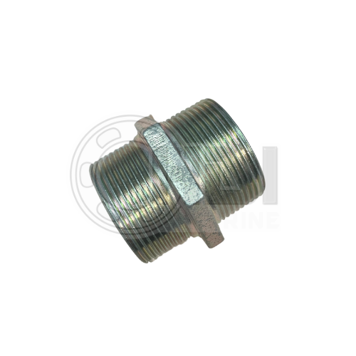 Metal threaded pipe fitting on white background.