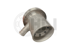 Metal pipe fitting with side spout.